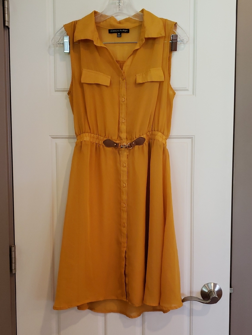 Always Indigo Petite Medium, Mustard Yellow Sheer Shirtdress